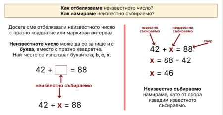 Отбелязване на неизвестно число. Намиране на неизвестно събираемо